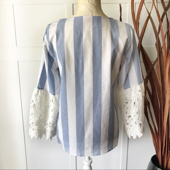 Lace Bell Sleeve Cotton Stripe Top - Picture 2 of 6